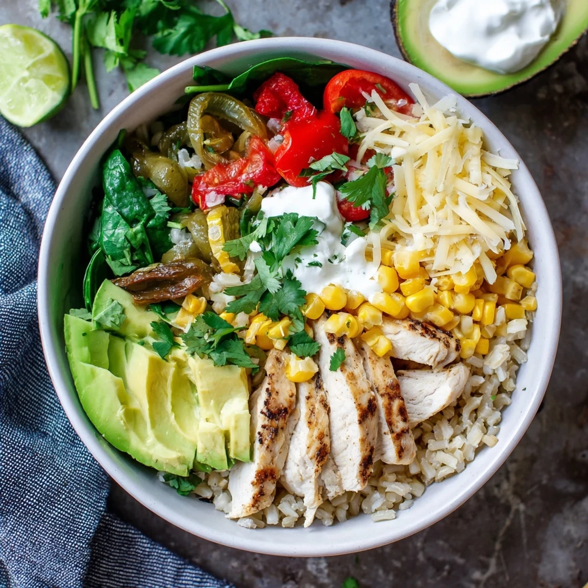 Savory Southwest Spice Green Chile Bowl topped with avocado, cheese, and crisp cilantro