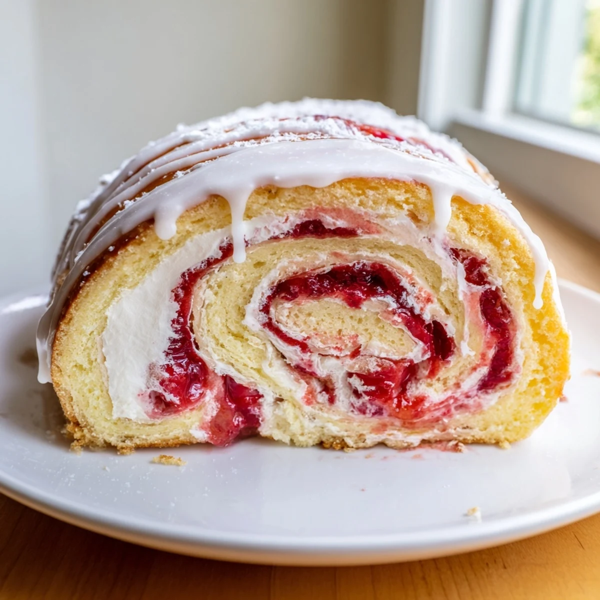 Golden Strawberry Shortcake Cheesecake Rolls drizzled with sweet vanilla glaze on a white plate
