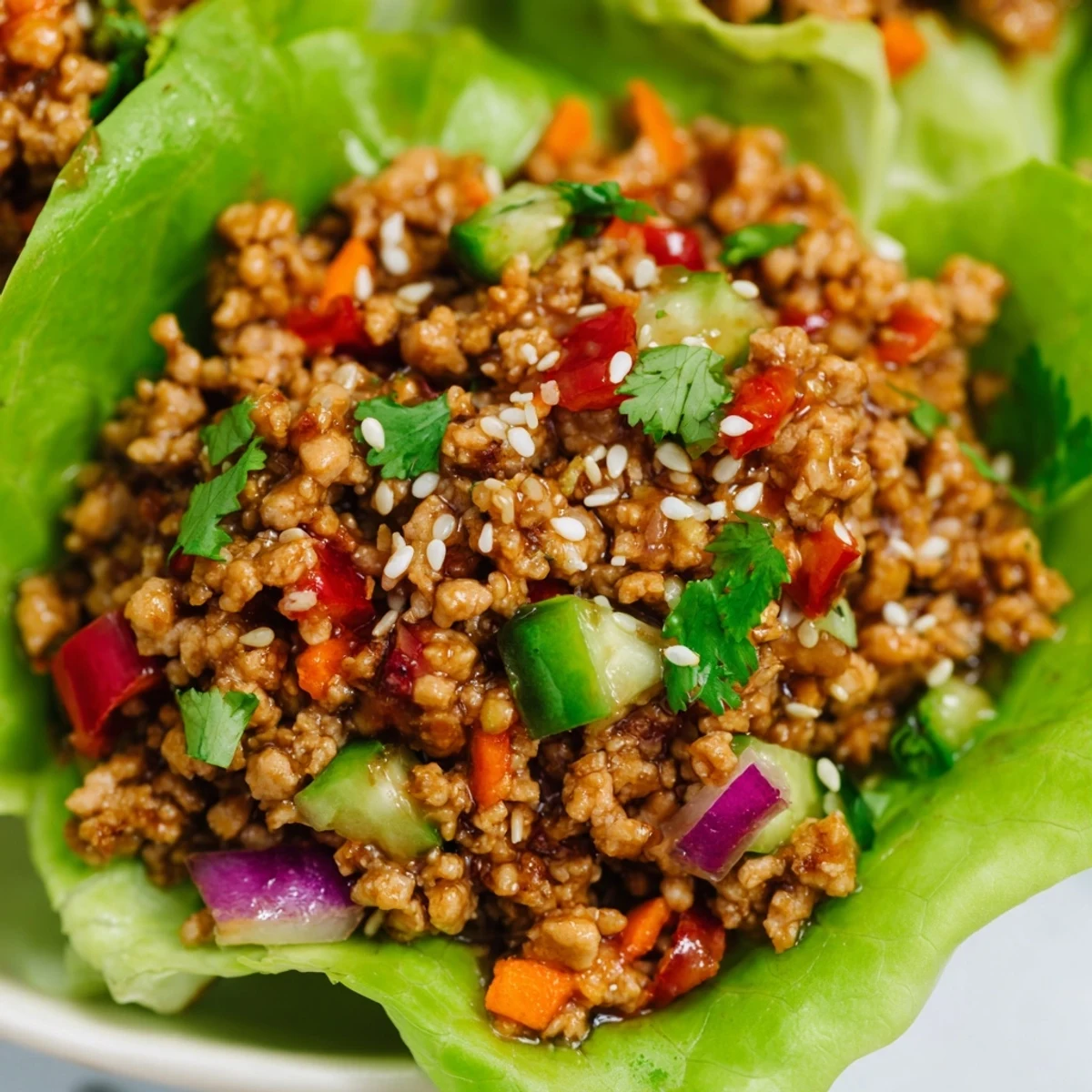 Healthy ground turkey lettuce wrap bowls topped with sesame seeds and lime