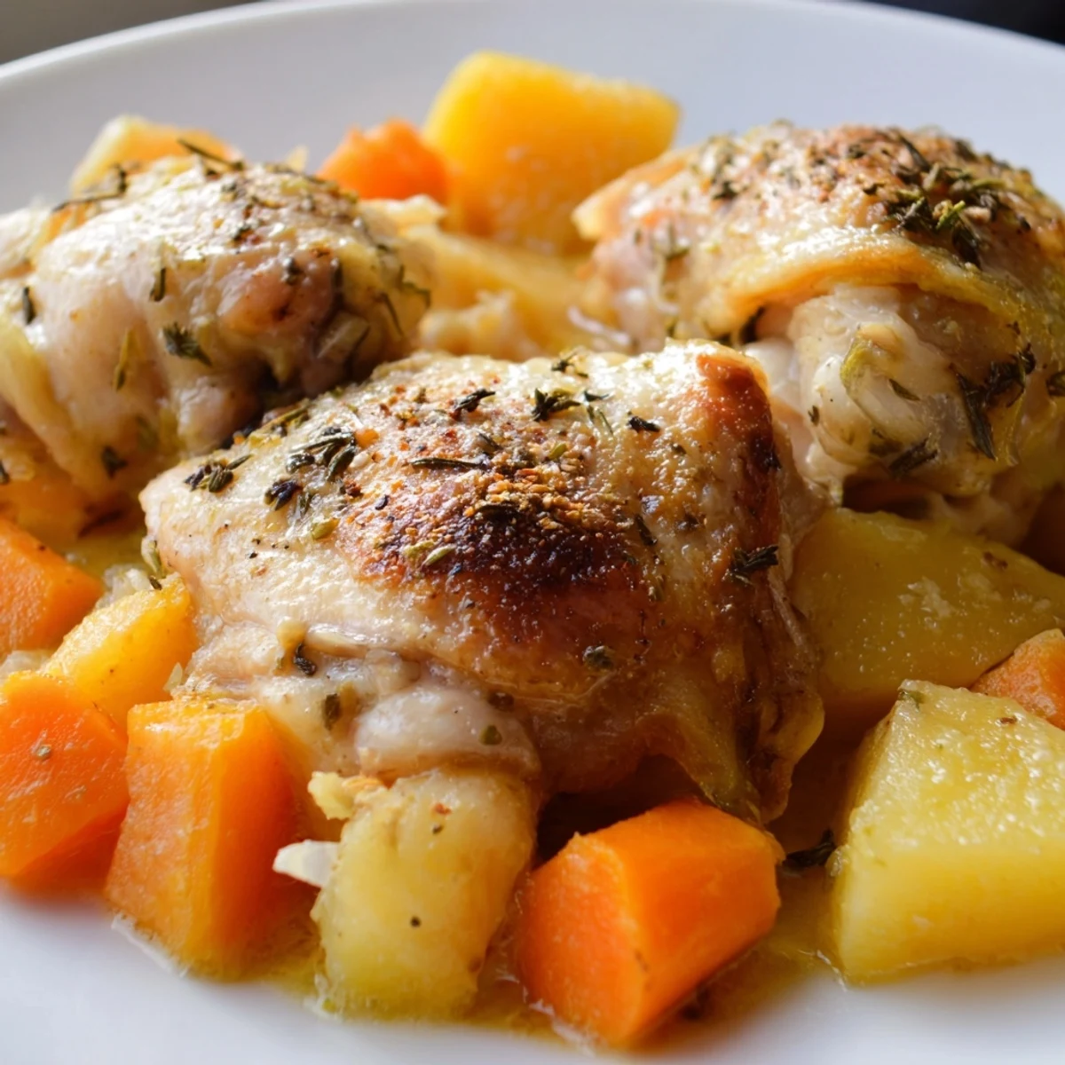 Tender slow cooker chicken dinner with carrots, potatoes, and savory herb gravy in a rustic bowl