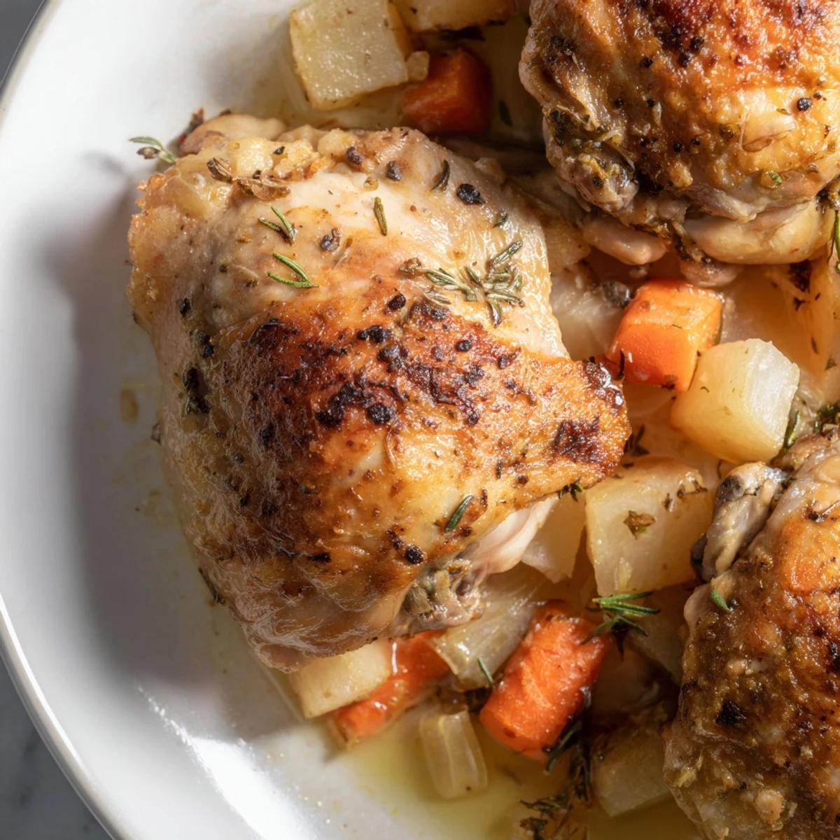 Golden brown chicken thighs nestled among root vegetables in a hearty slow cooker chicken dinner