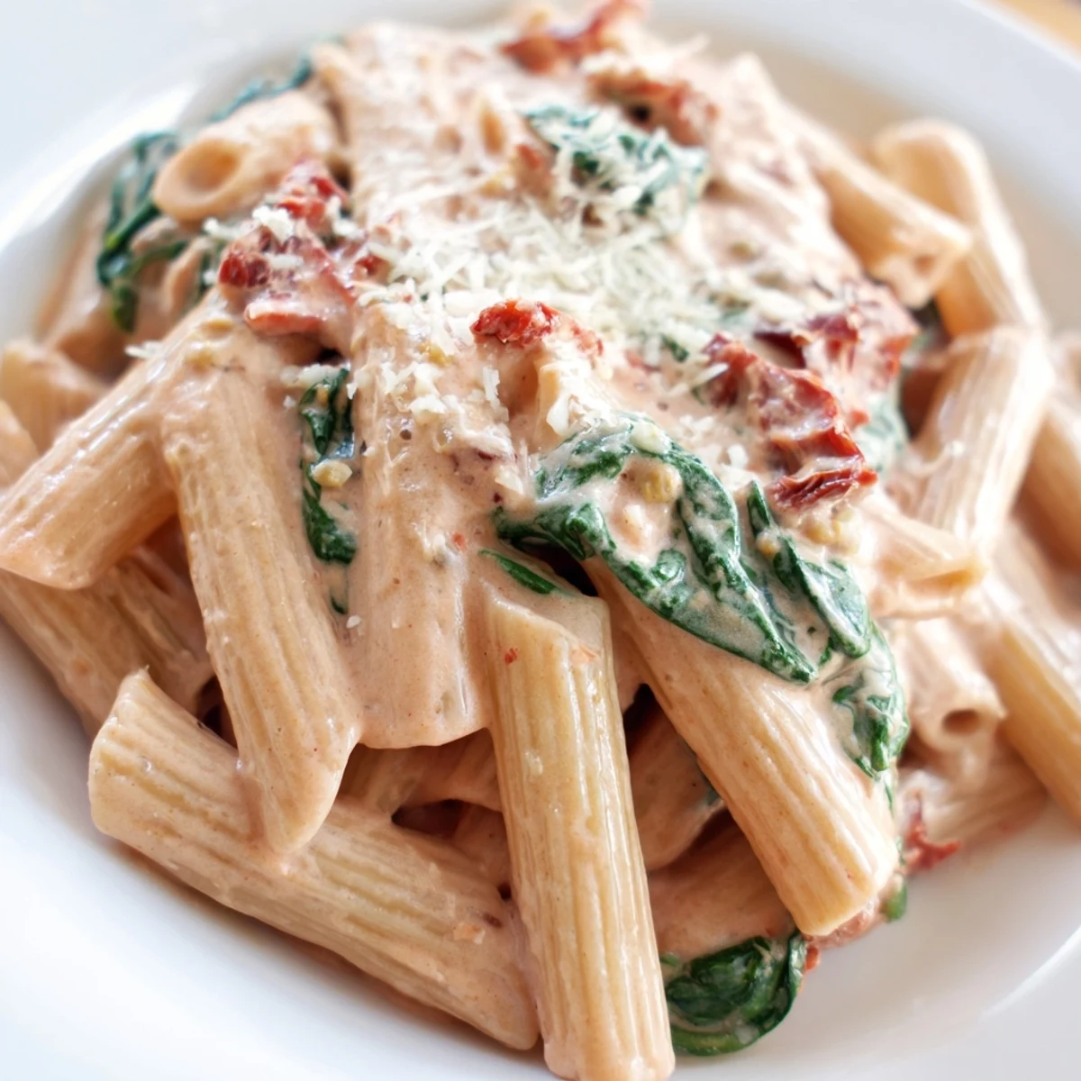 Creamy sun dried tomato spinach pasta in a rustic skillet with velvety pink sauce coating every tender noodle