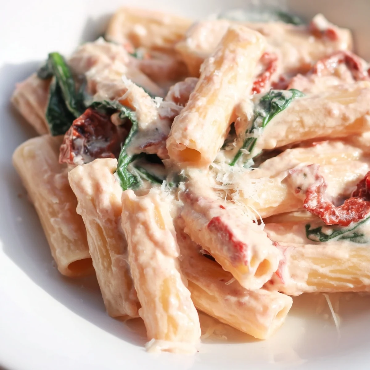 One pan creamy sun dried tomato spinach pasta topped with grated Parmesan and served steaming hot