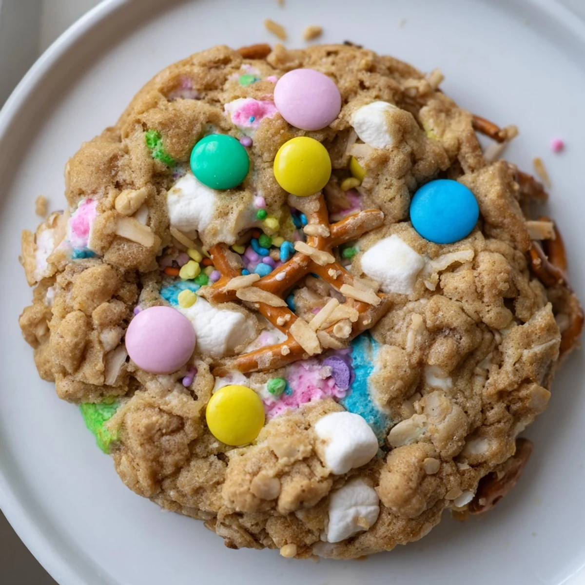 Colorful Easter Trash Cookies loaded with pastel candies, pretzels, and sprinkles on a rustic baking sheet