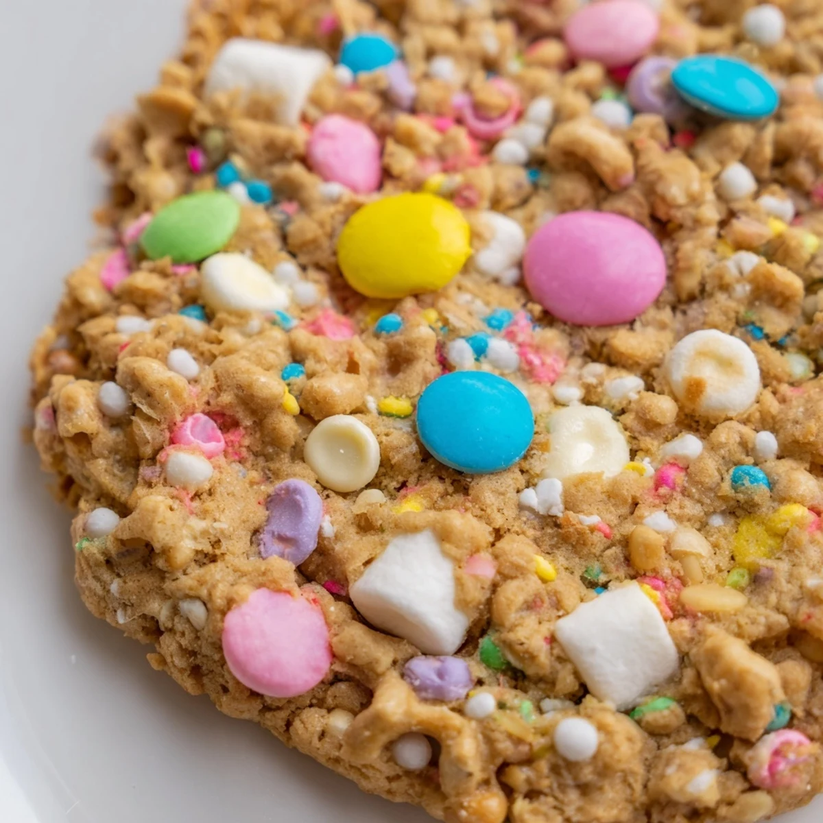 Chewy Easter Trash Cookies with crispy cereal, marshmallows, and candy pieces stacked on a white plate