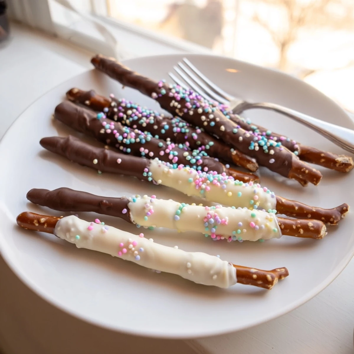 Chocolate covered pretzels for Easter with pastel sprinkles on a white serving platter