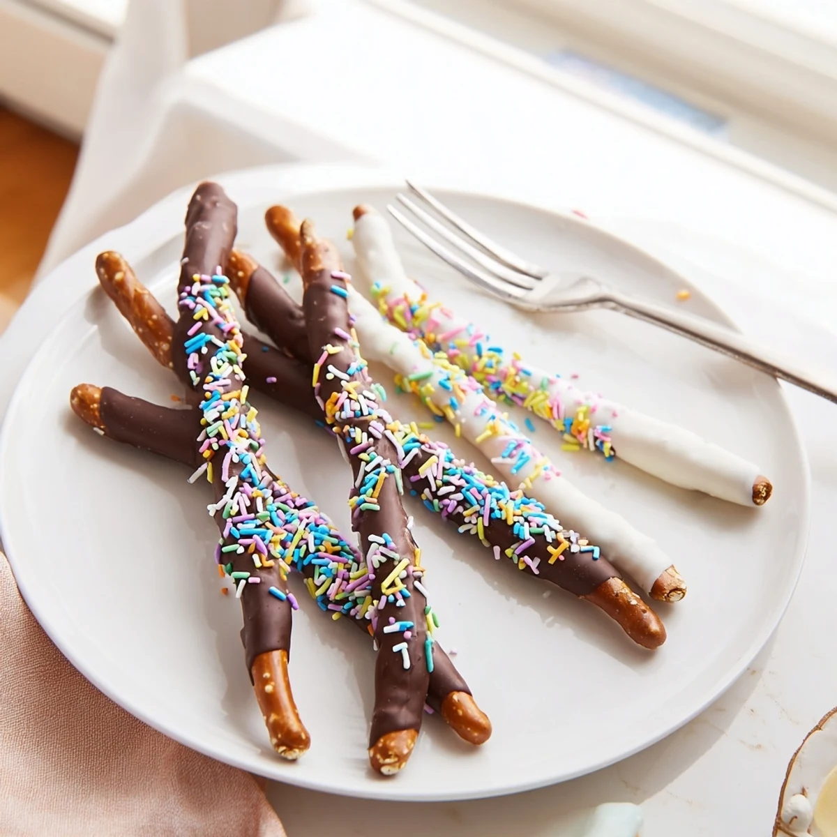 Crunchy chocolate covered pretzels for Easter drizzled with creamy white chocolate coating