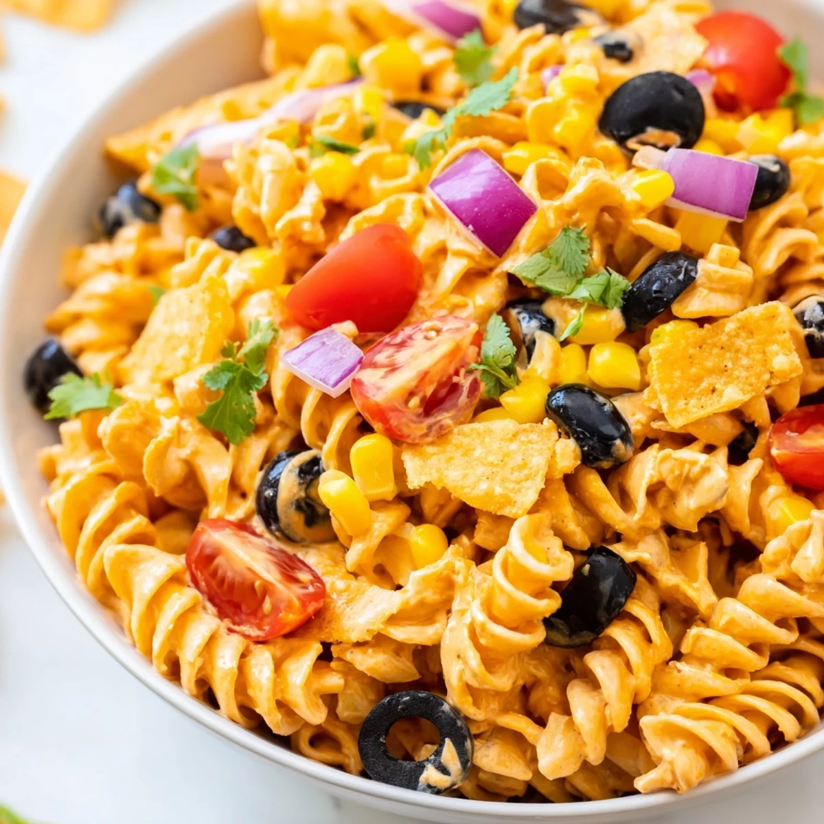 Colorful taco pasta salad in a serving bowl with cherry tomatoes, corn, and cheddar cheese topping