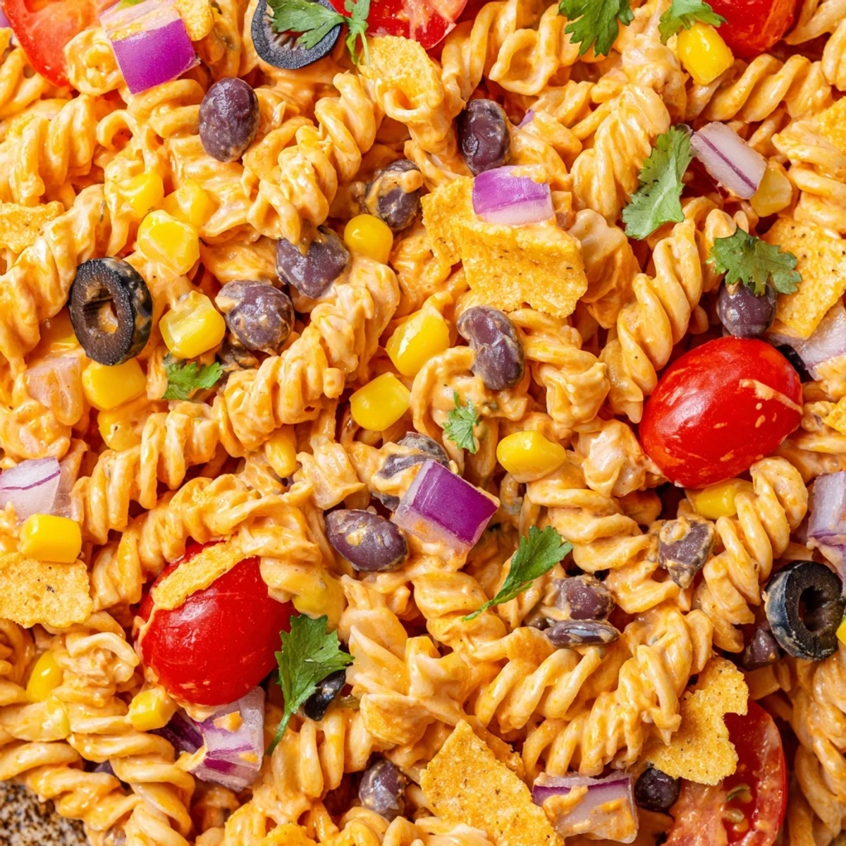 Creamy taco pasta salad featuring rotini, black beans, bell peppers, and zesty dressing garnished with cilantro