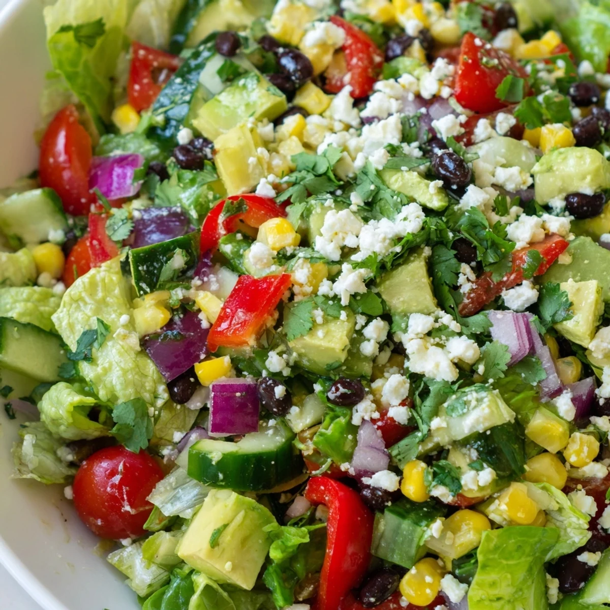 Mexican chopped salad topped with crumbled cotija cheese and drizzled with zesty lime dressing
