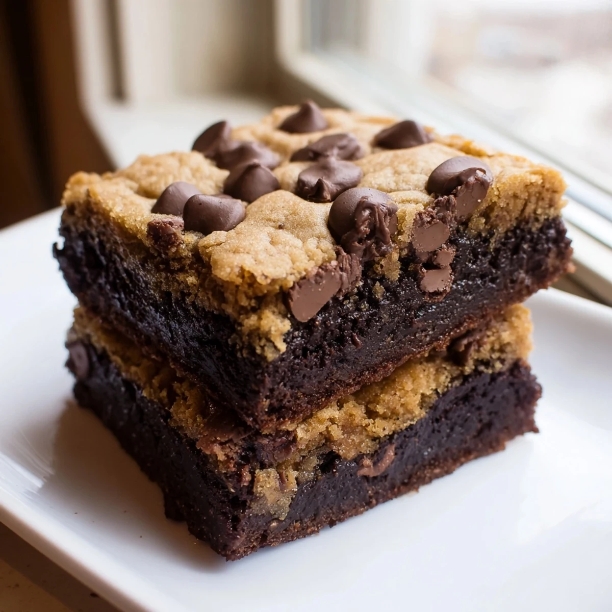 Golden double layer vegan brookies with melty chocolate chips stacked on a rustic wooden cutting board