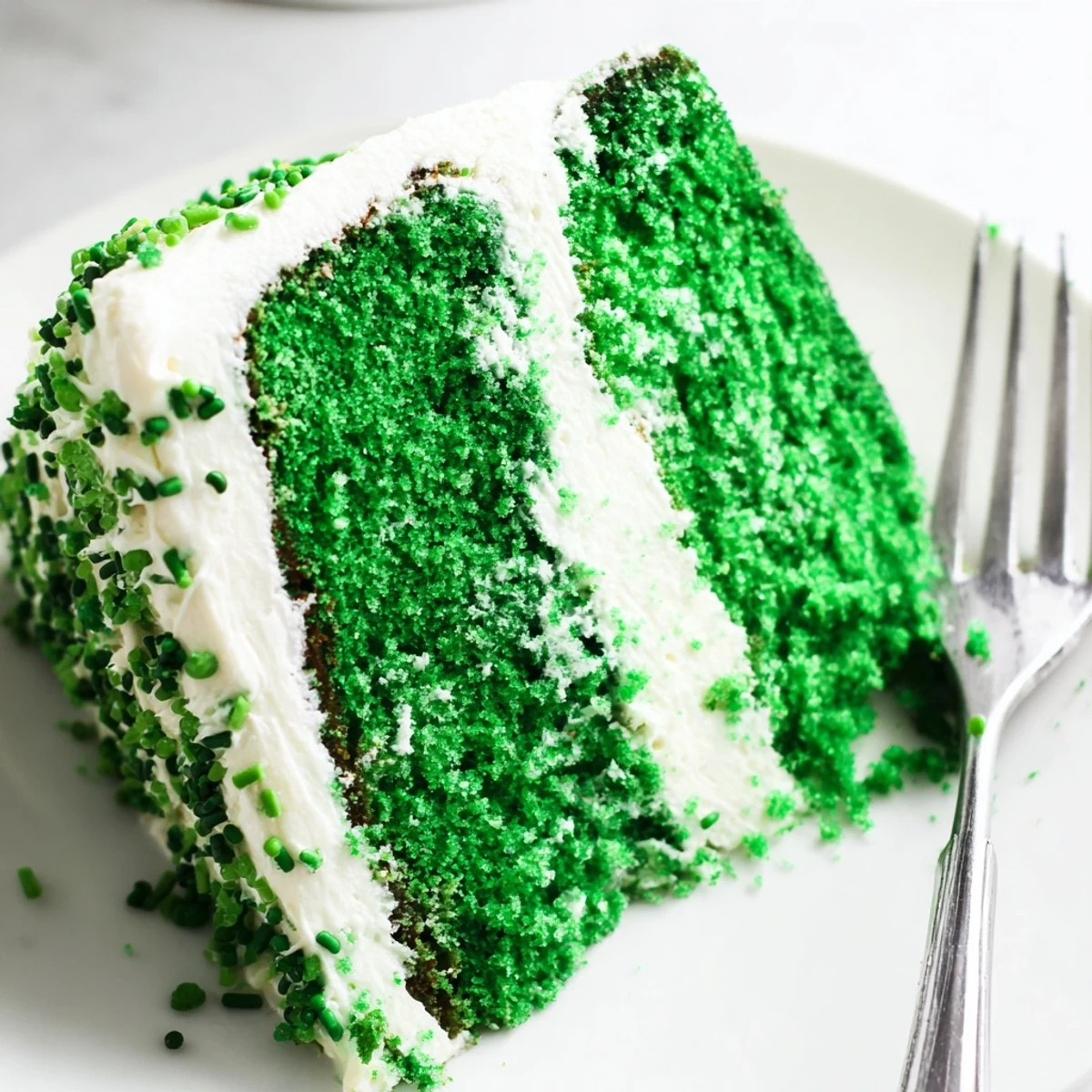 Vibrant green velvet cake slice topped with fluffy cream cheese frosting and emerald sprinkles