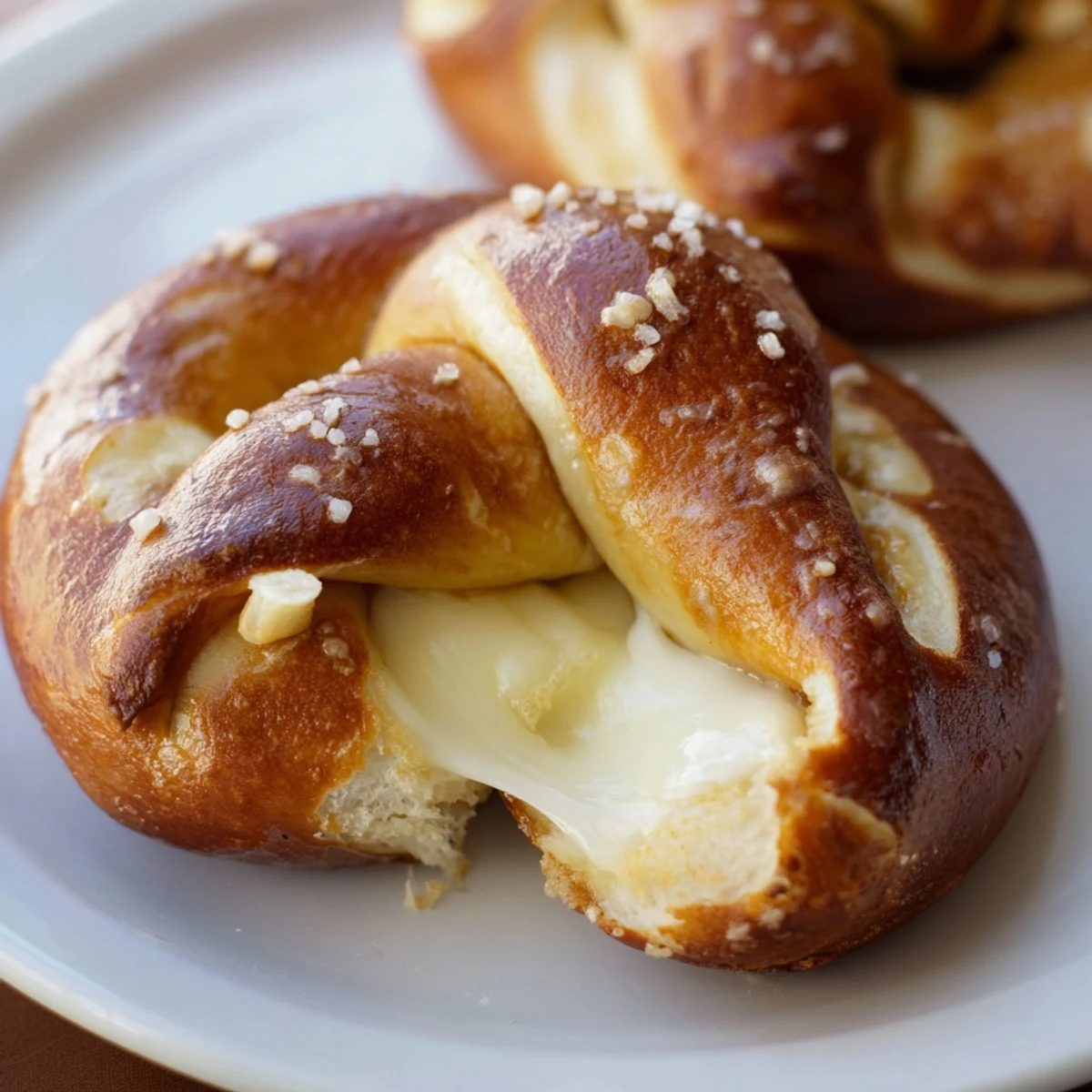 Golden mozzarella stuffed soft pretzels fresh from the oven with melted cheese oozing out