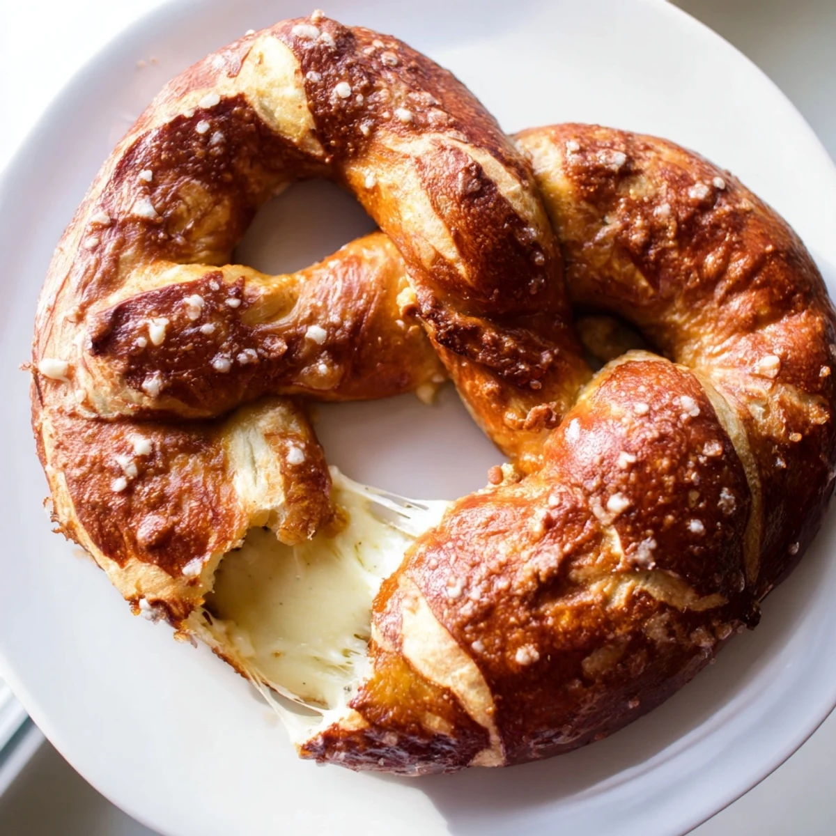 Warm mozzarella stuffed soft pretzels sprinkled with coarse salt on a rustic baking sheet