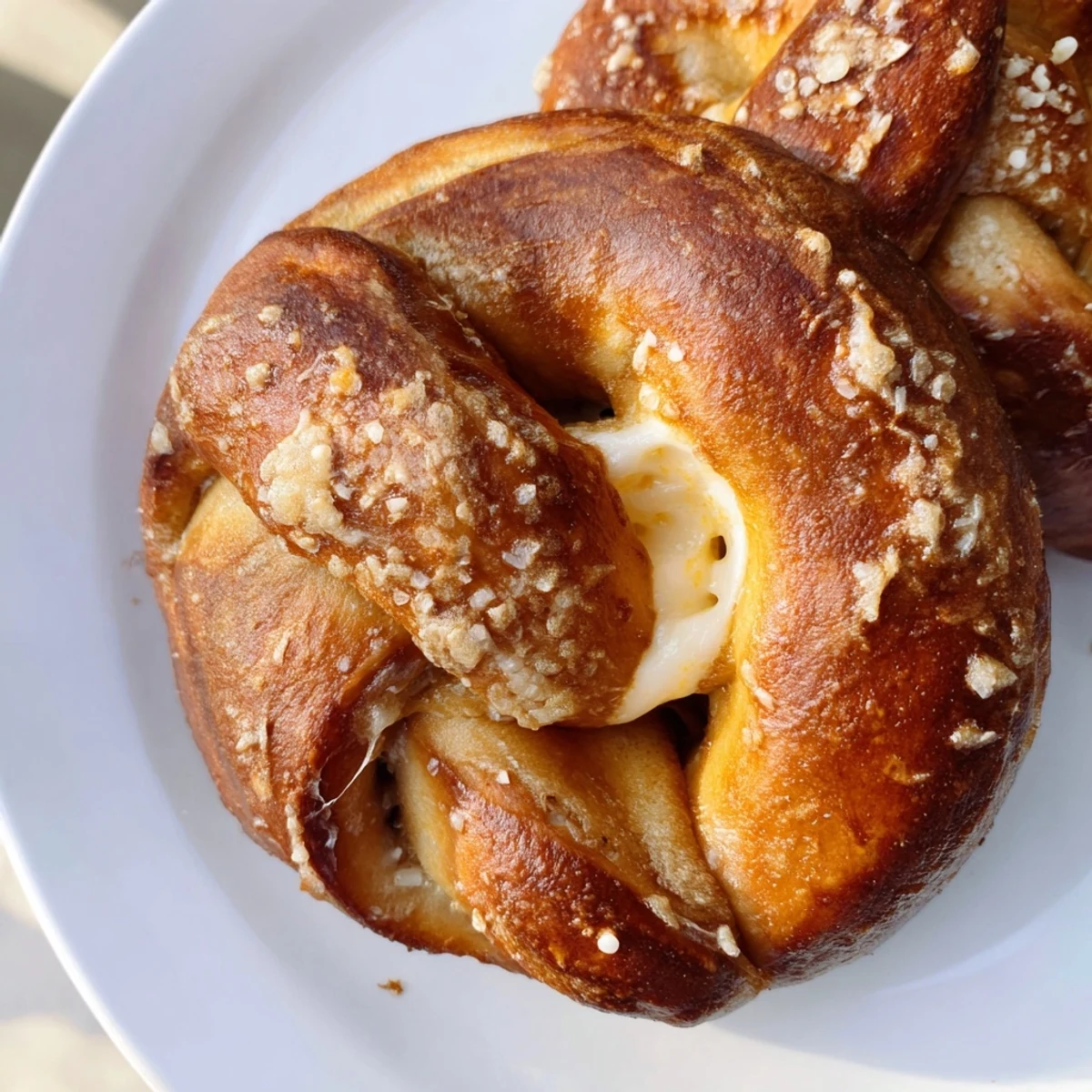 Brushed with butter these mozzarella stuffed soft pretzels have a perfectly crisp golden crust