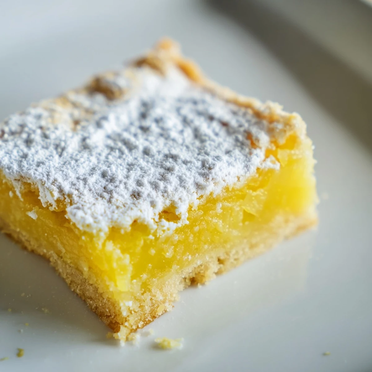 Golden lemon bars with powdered sugar dusting on a rustic cutting board
