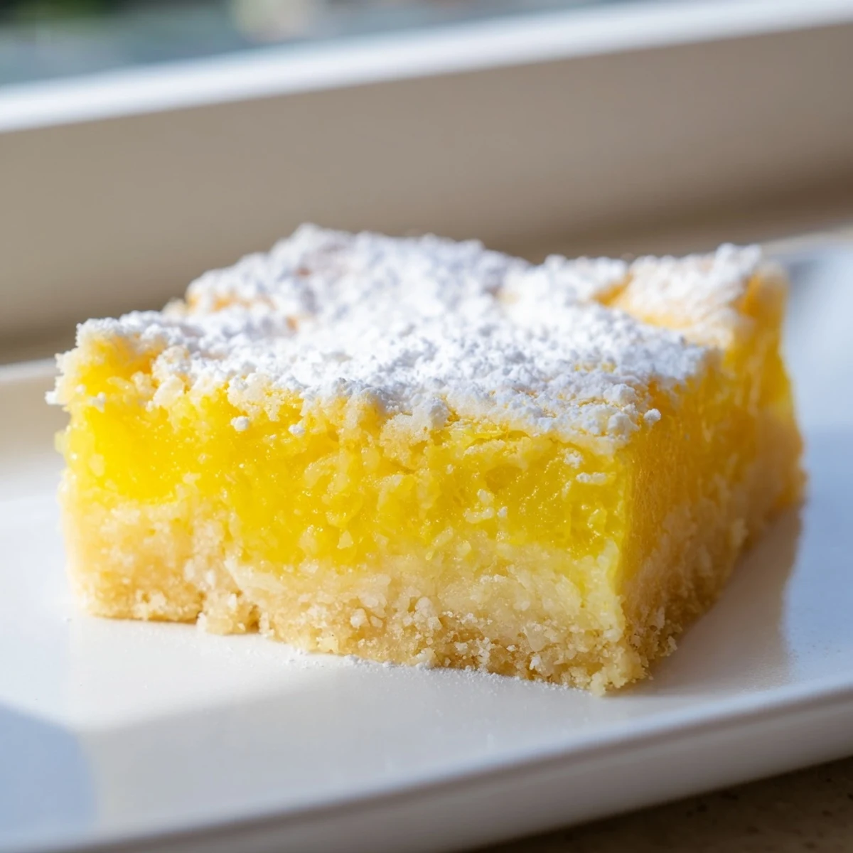 Freshly baked lemon bars sliced into neat squares and dusted with powdered sugar