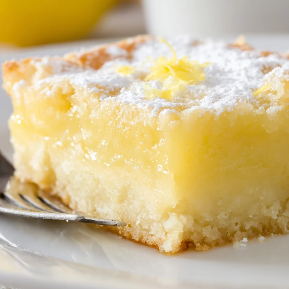 Golden squares of lemon gooey butter cake dusted with powdered sugar on a white serving plate