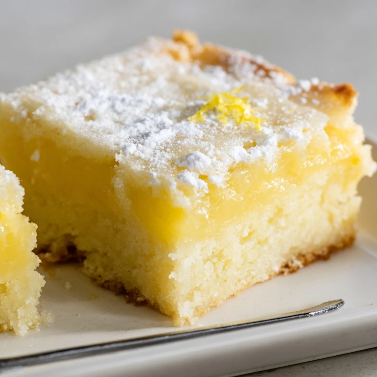 Creamy lemon gooey butter cake with golden edges and luscious custard-like center ready to slice