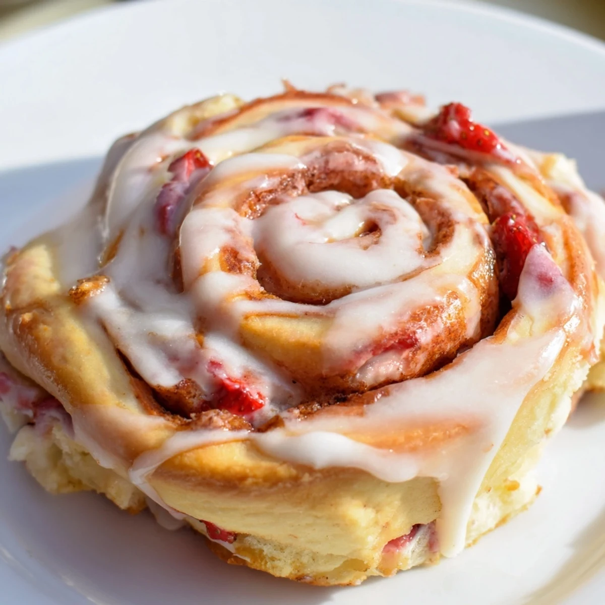 Golden Strawberry Cheesecake Cinnabon Rolls drizzled with creamy vanilla glaze on a rustic plate