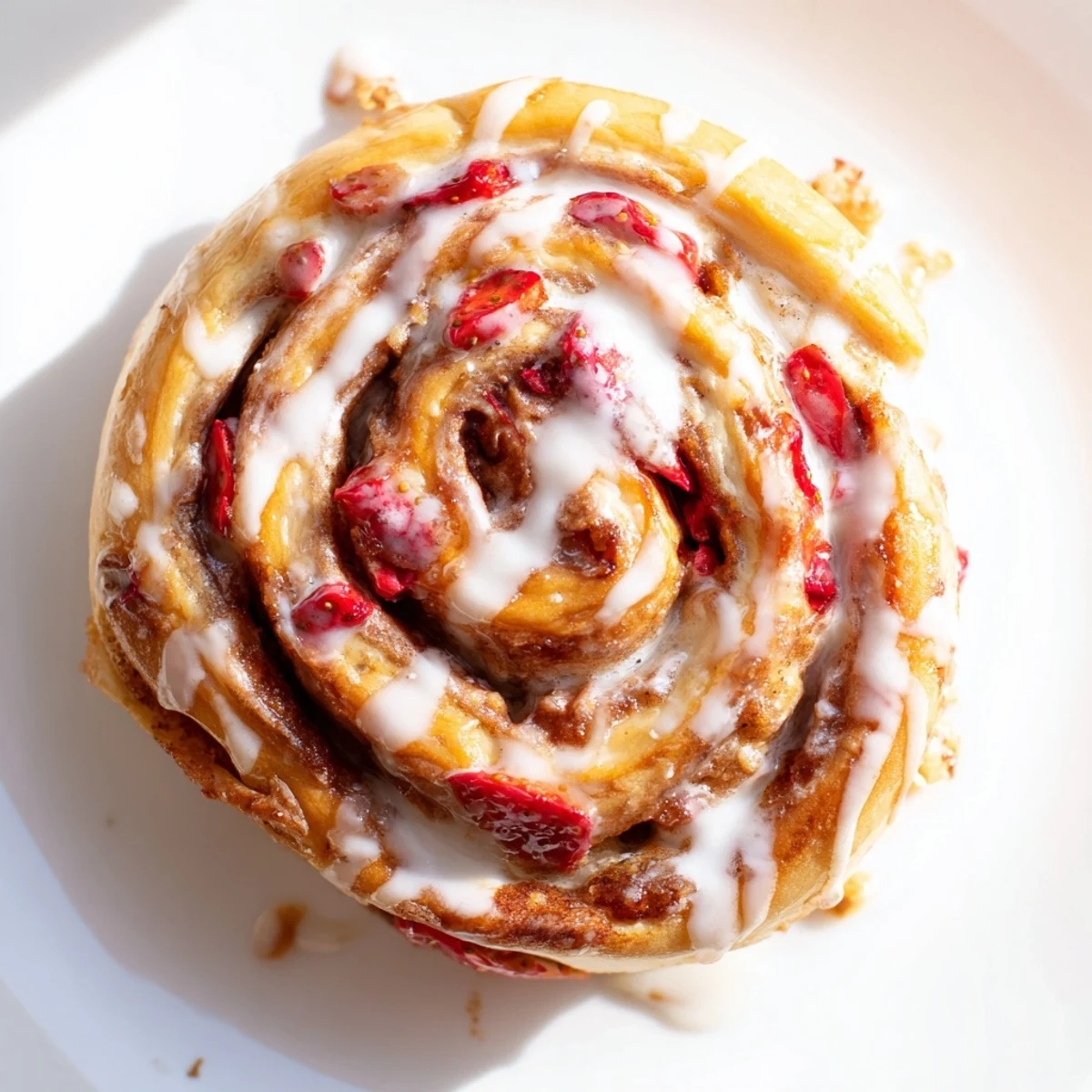Warm Strawberry Cheesecake Cinnabon Rolls pulled apart revealing swirled cinnamon strawberry cheesecake layers