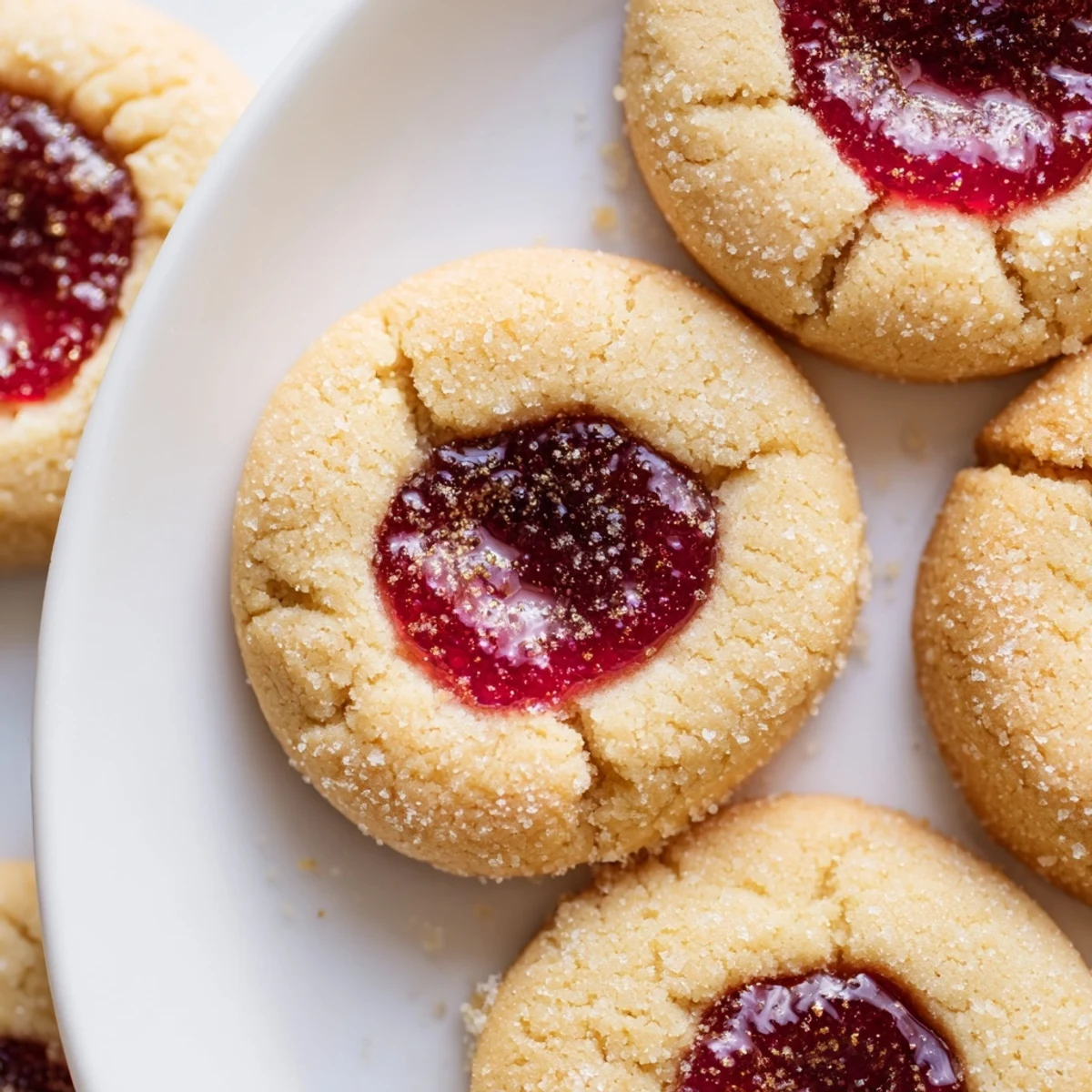 Golden flower jam thumbprint cookies with jewel-like centers on a rustic white plate
