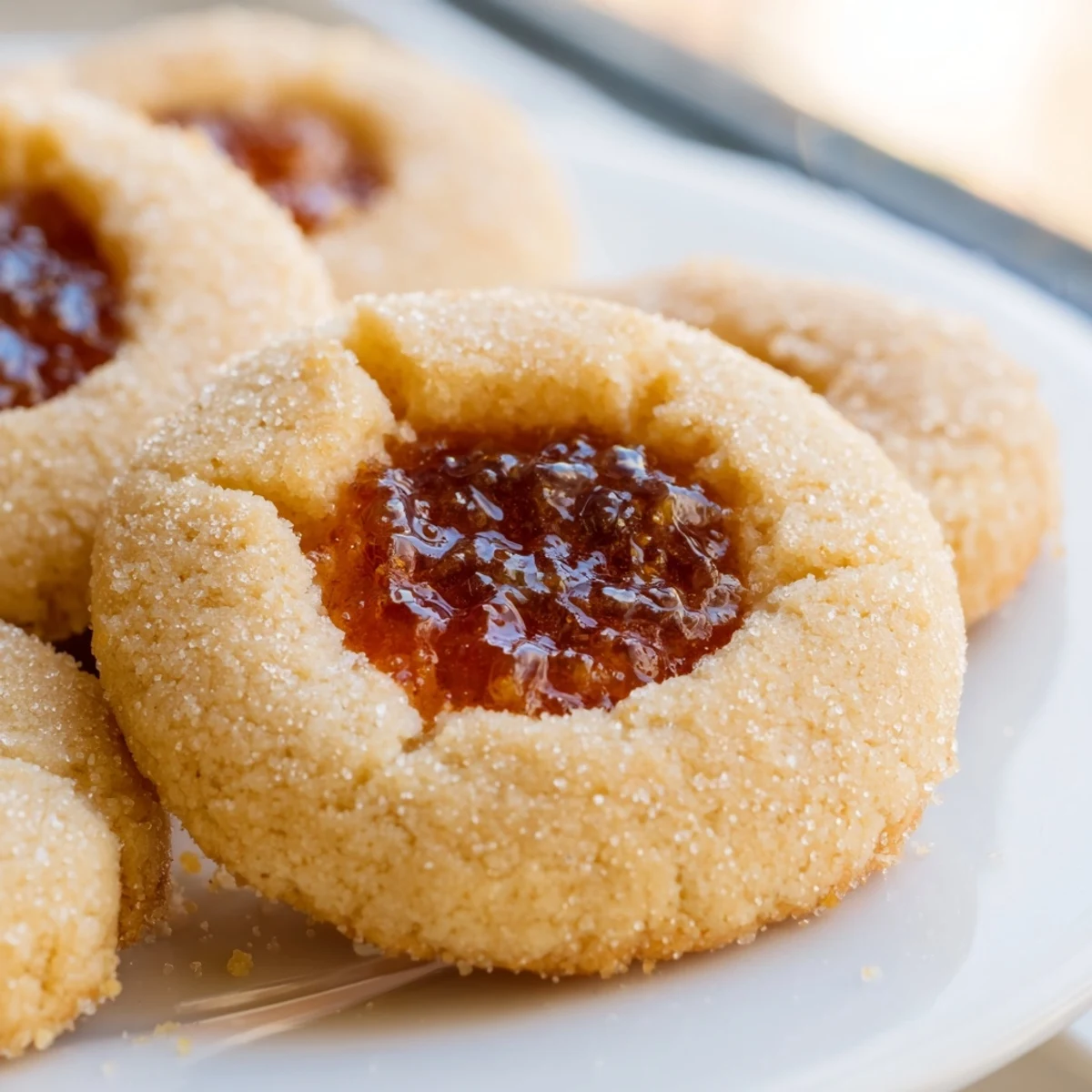 Buttery flower jam thumbprint cookies cooling on a wire rack with powdered sugar dusting