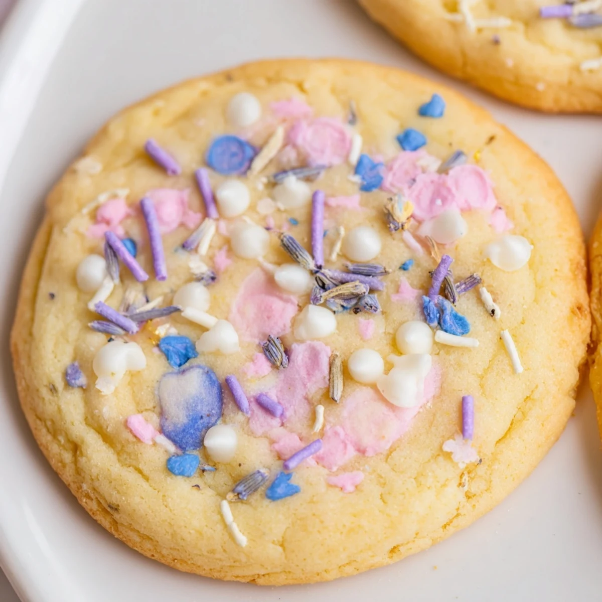 Soft Spring Blossom Cookies topped with pastel sprinkles on a rustic white baking sheet