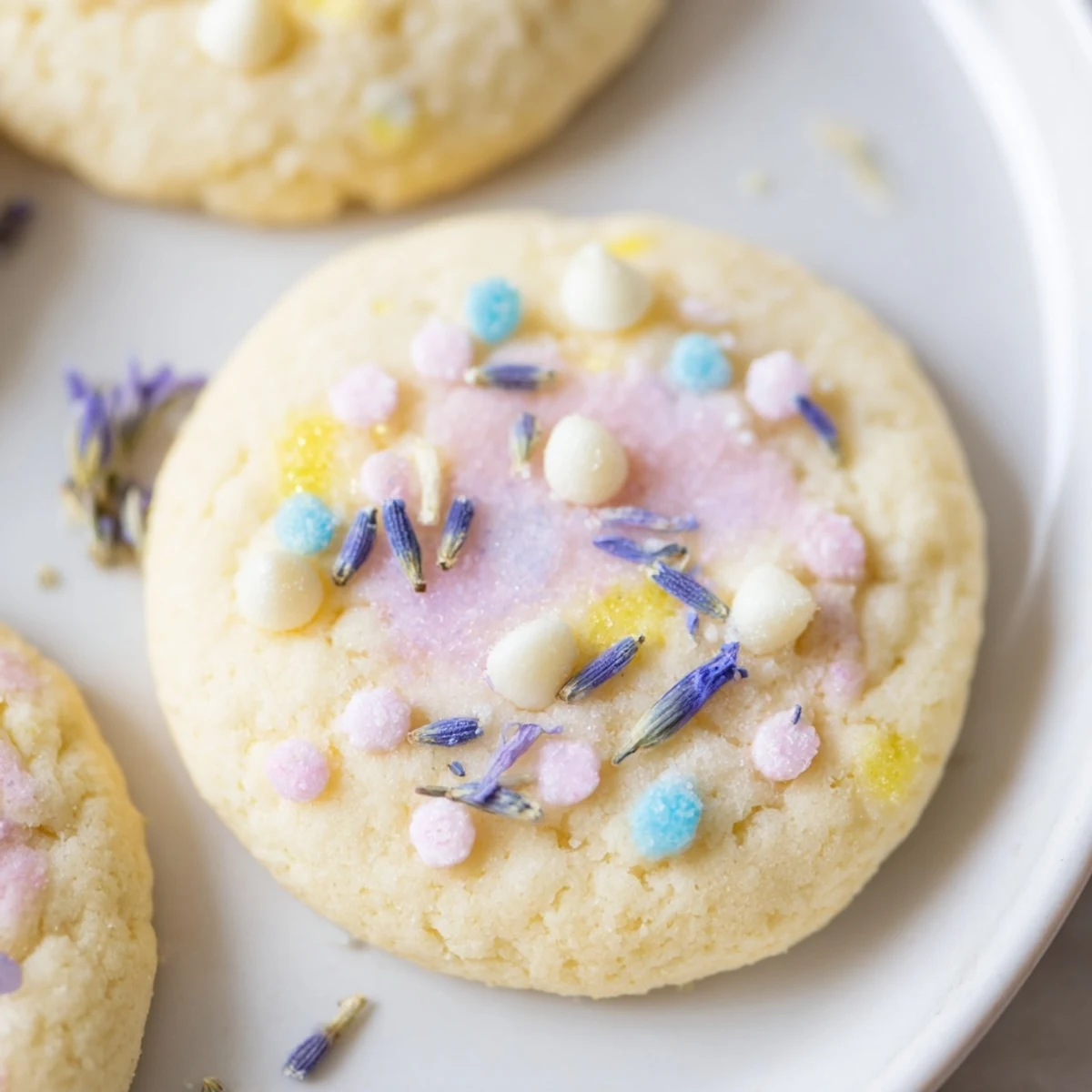 Chewy Spring Blossom Cookies with white chocolate chips and delicate edible flower petals