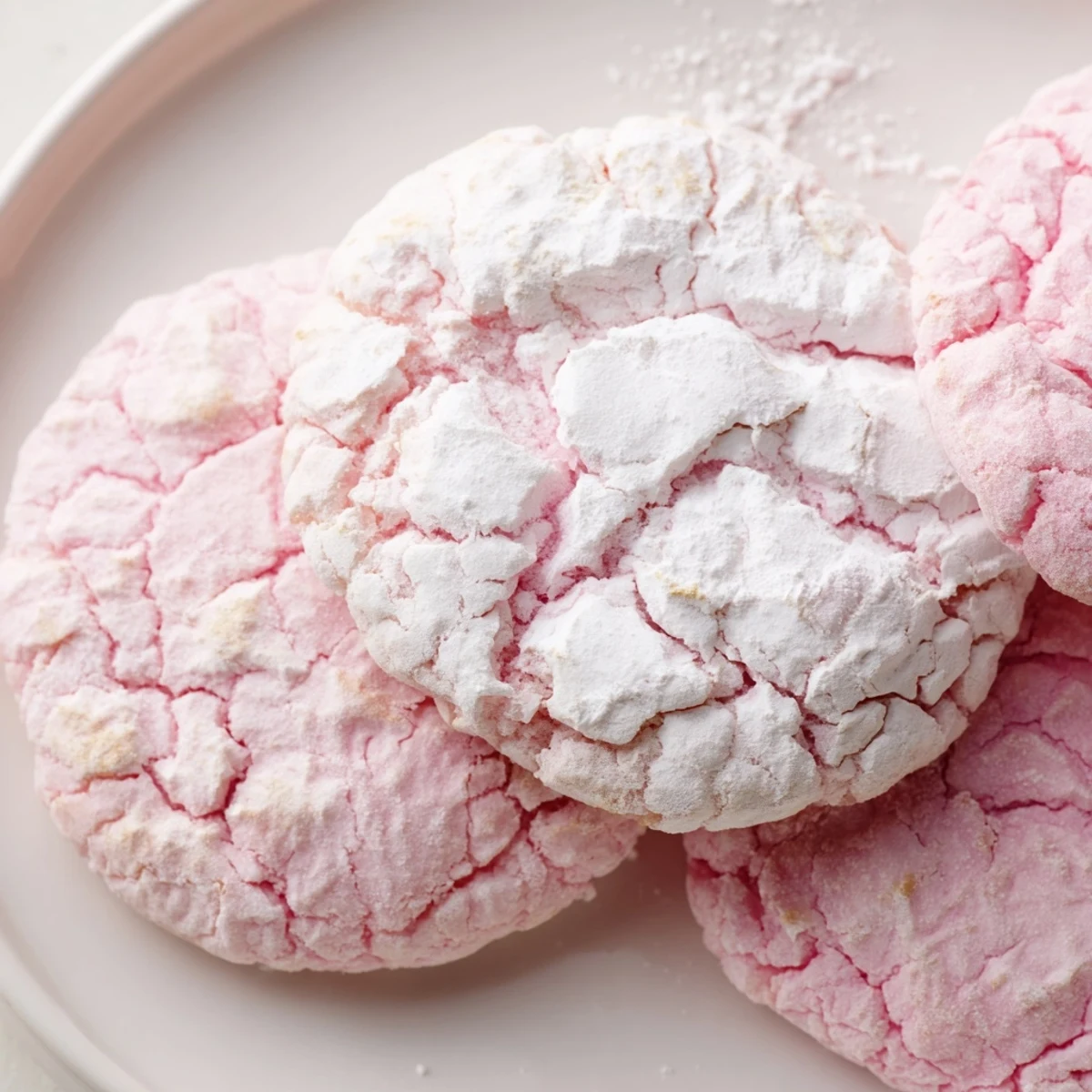 Soft pastel crinkle cookies with powdered sugar cracks on a rustic baking sheet