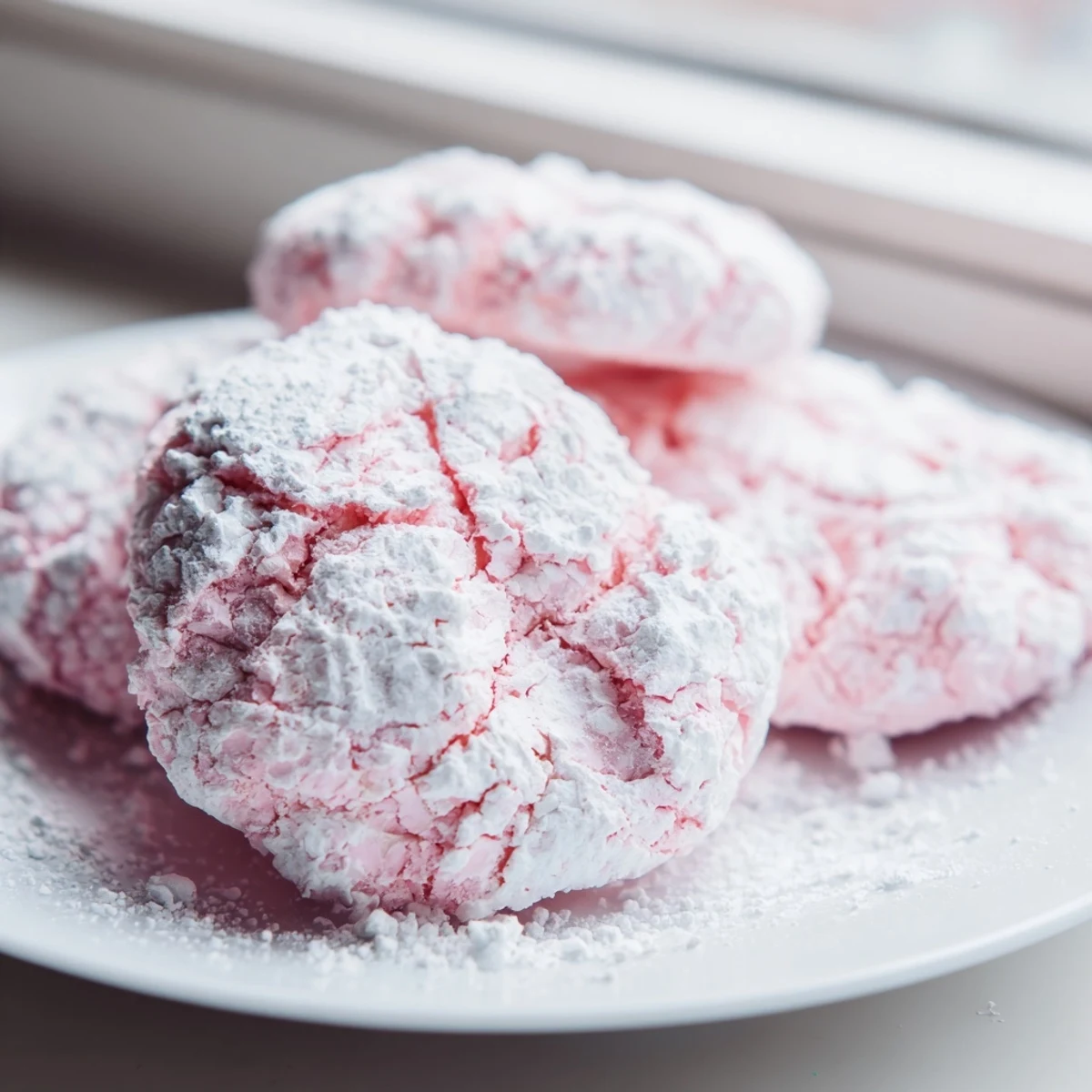 Colorful pastel crinkle cookies dusted in sweet powdered sugar ready for serving