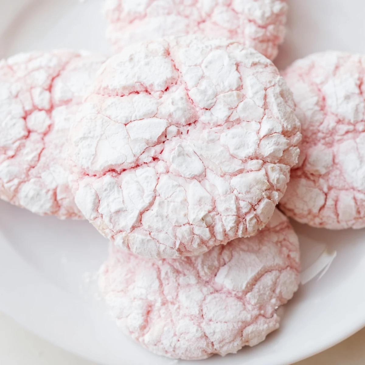 Chewy pastel crinkle cookies with crackled sugar tops displayed on a wire rack