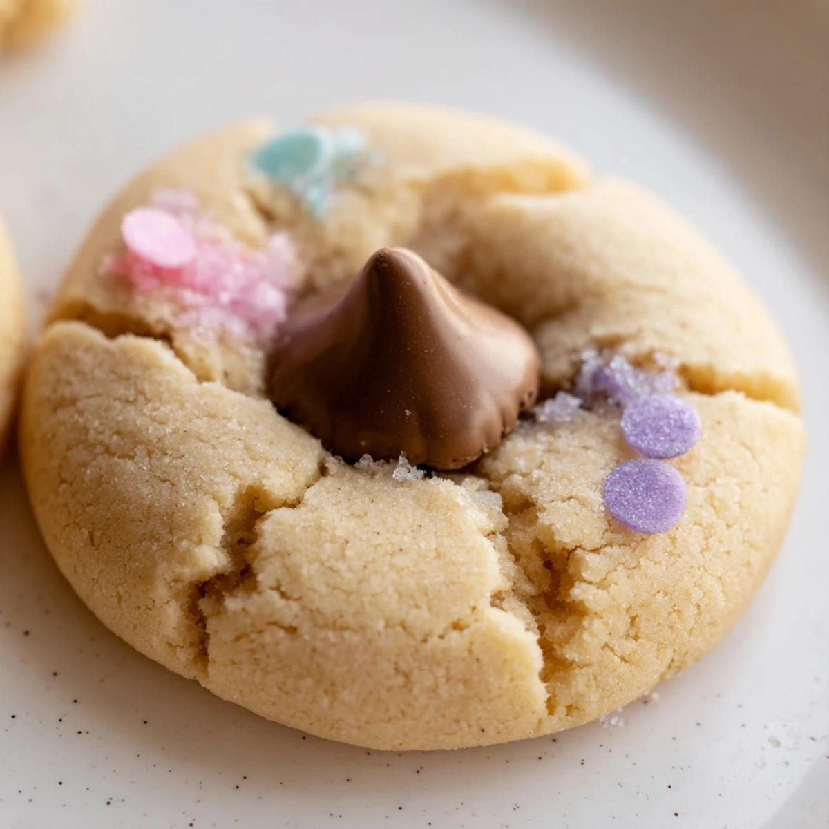 Golden Easter Blossom Cookies topped with colorful candy kisses and festive spring sprinkles.