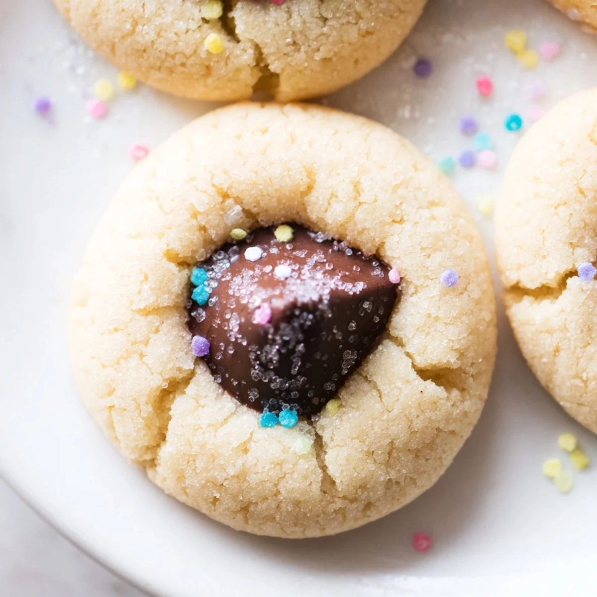 Soft Easter Blossom Cookies with pastel sprinkles and chocolate kisses on a white plate.