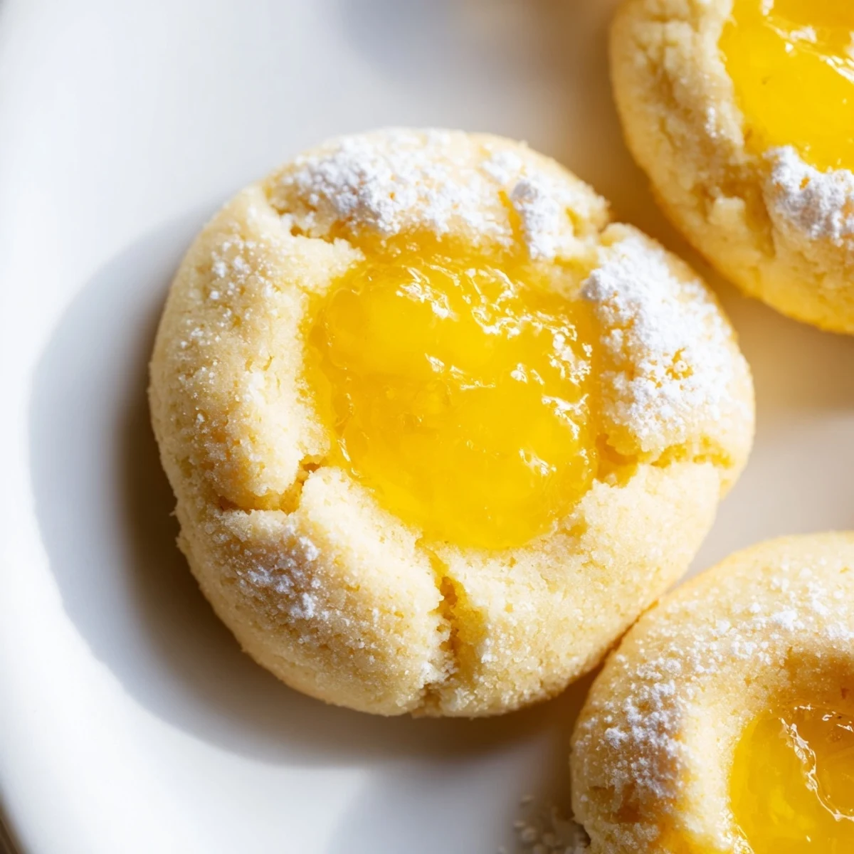 Golden lemon curd cookies with glossy filling nestled in buttery tender shortbread