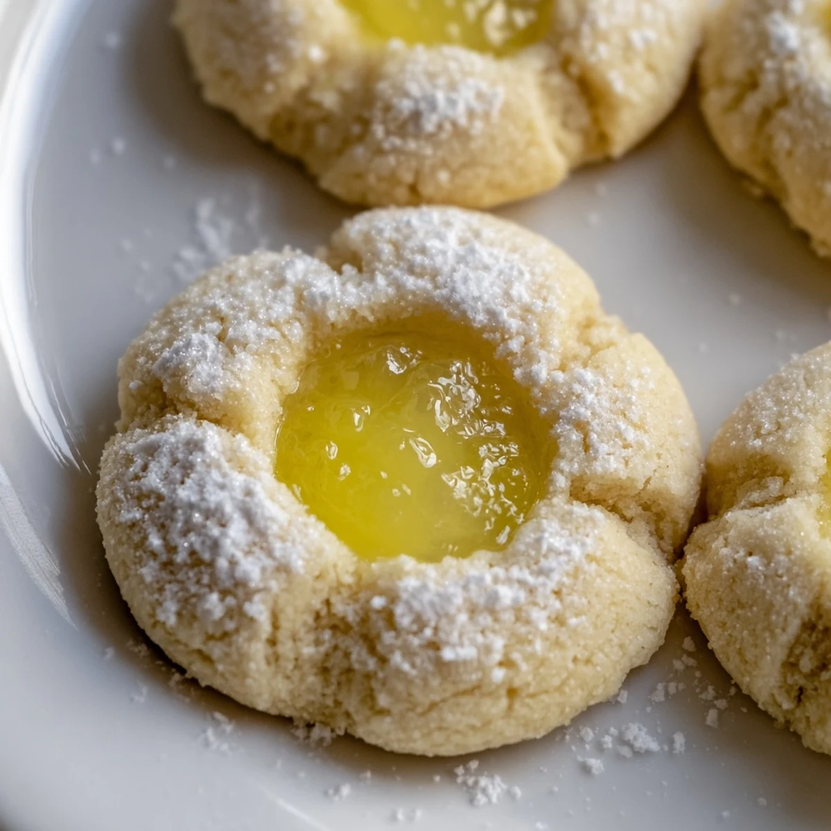 Bright yellow lemon curd cookies dusted with powdered sugar on rustic baking sheet