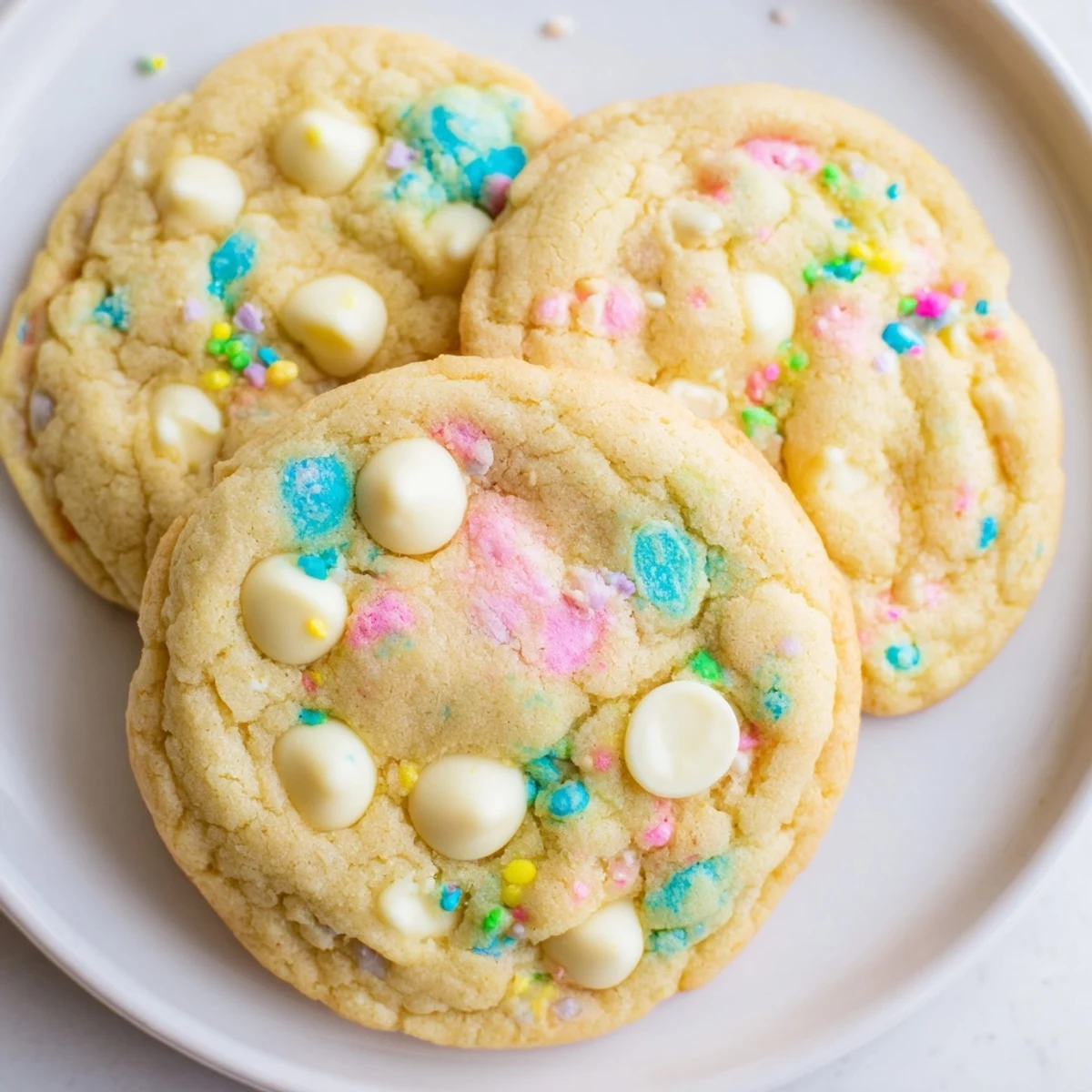 Golden-edged pastel white chocolate cookies studded with creamy chips and colorful sprinkles