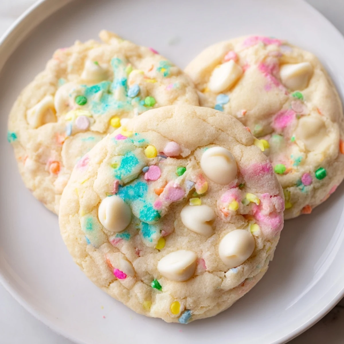 Thick pastel white chocolate cookies arranged on a parchment-lined sheet ready for serving