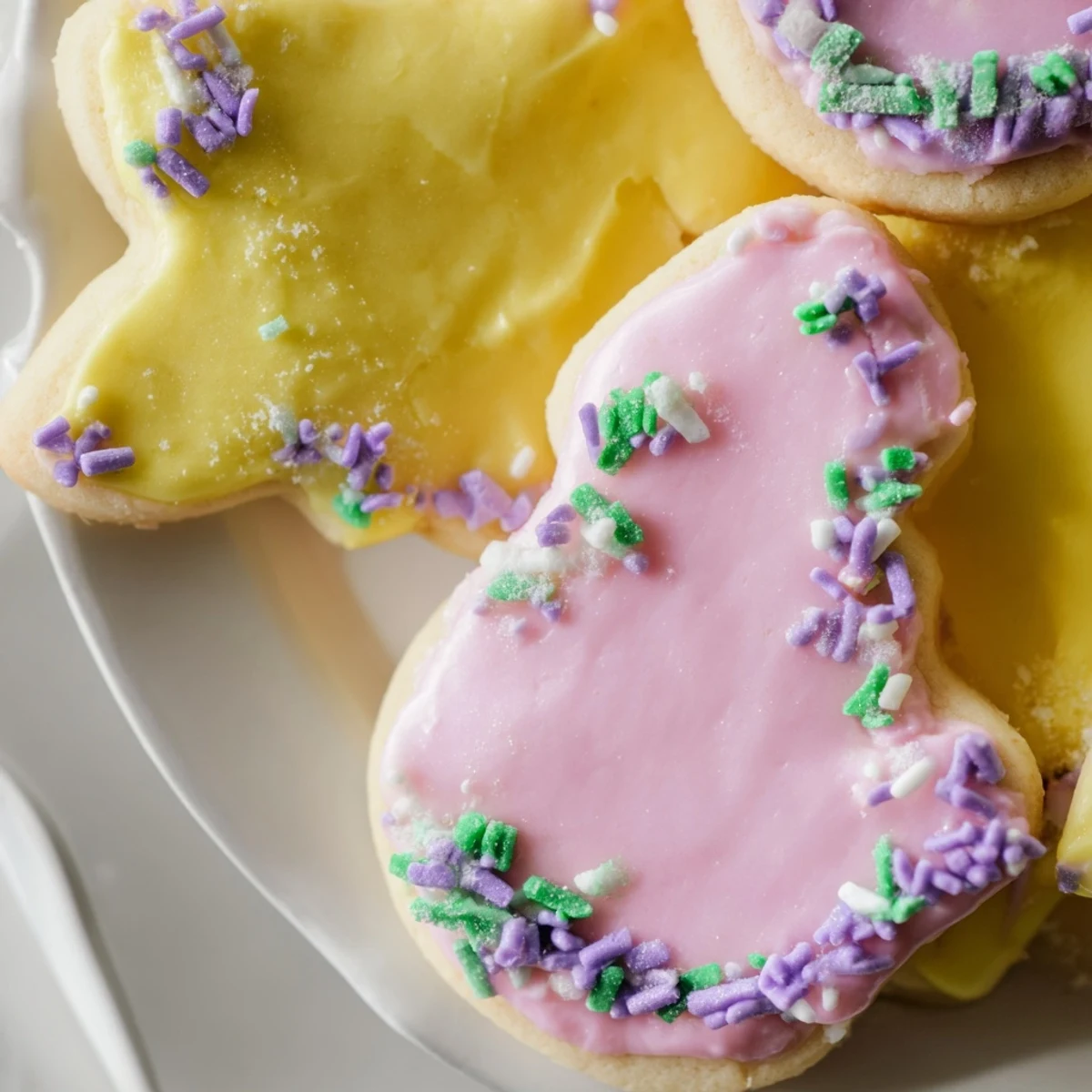 Pastel frosted Spring Easter cookies arranged on a rustic wooden serving board