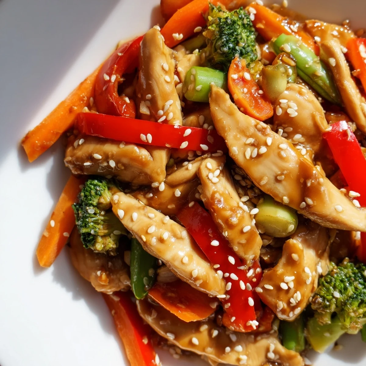 Sesame soy chicken stir fry sizzling in a wok with colorful crisp vegetables and glossy sauce
