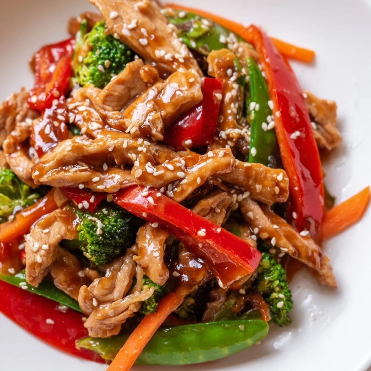 Tender sesame soy chicken stir fry topped with sesame seeds and fresh green onion garnish