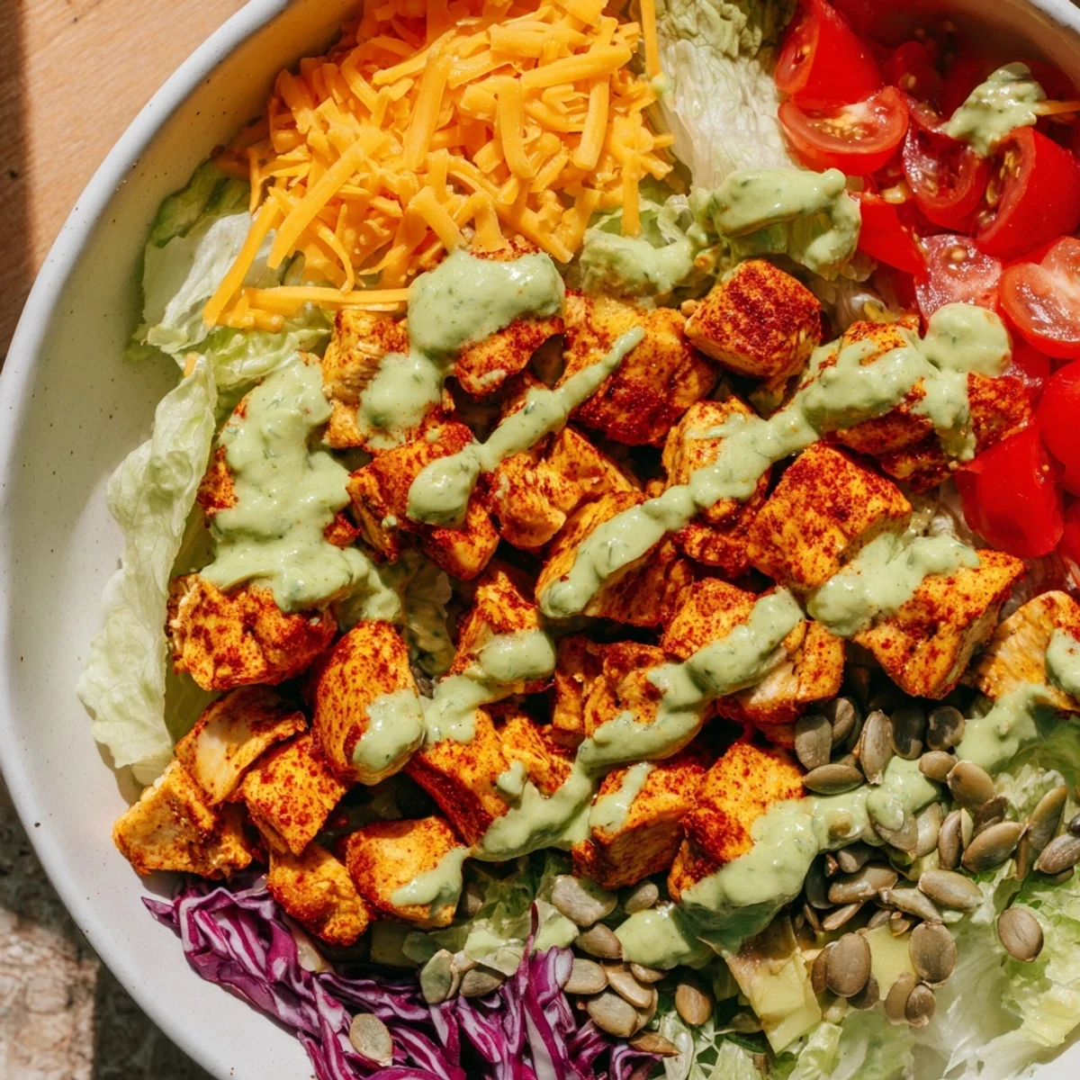 Colorful keto bowls loaded with fresh veggies and tender seasoned chicken topped with creamy avocado dressing