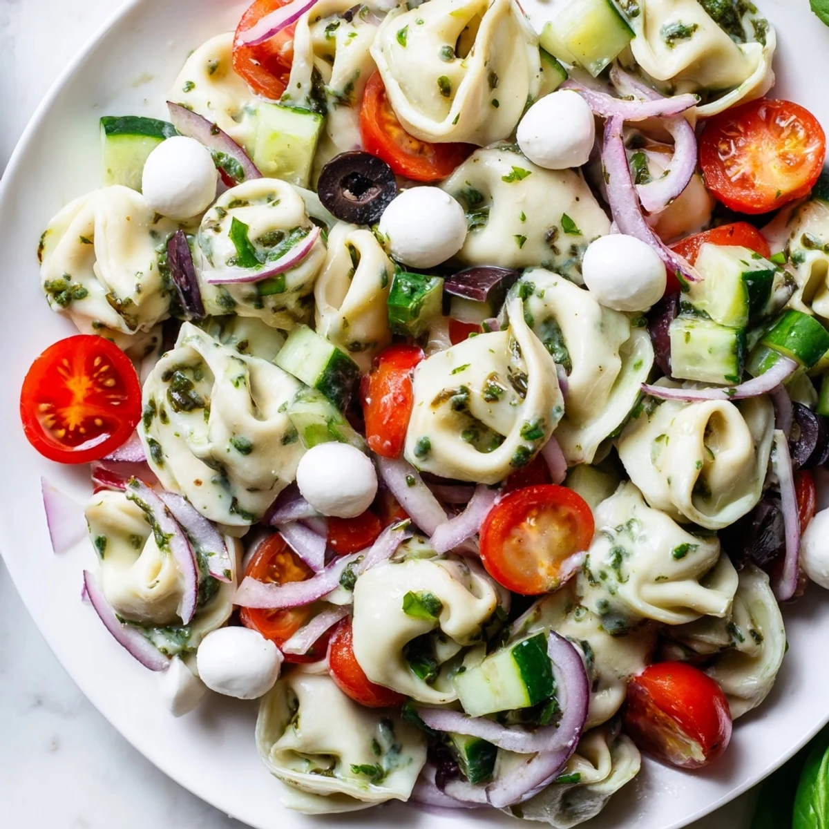 Colorful tortellini pasta salad with cherry tomatoes, cucumber, and zesty Italian dressing in a white serving bowl