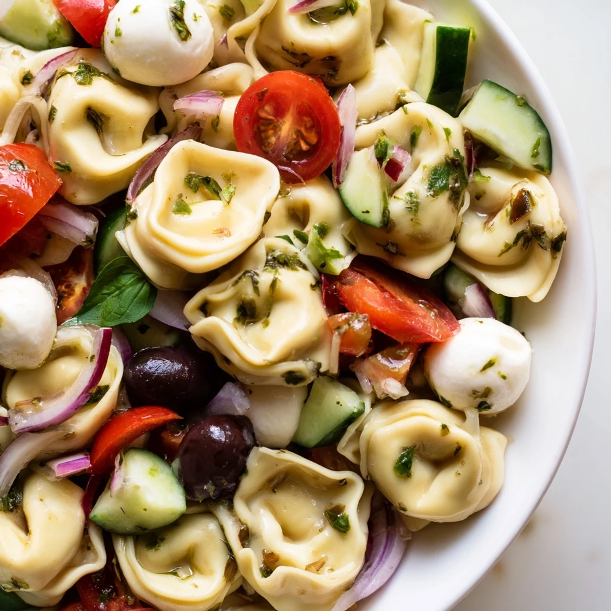 Creamy cheese tortellini pasta salad tossed with crisp vegetables and mozzarella balls for summer picnics