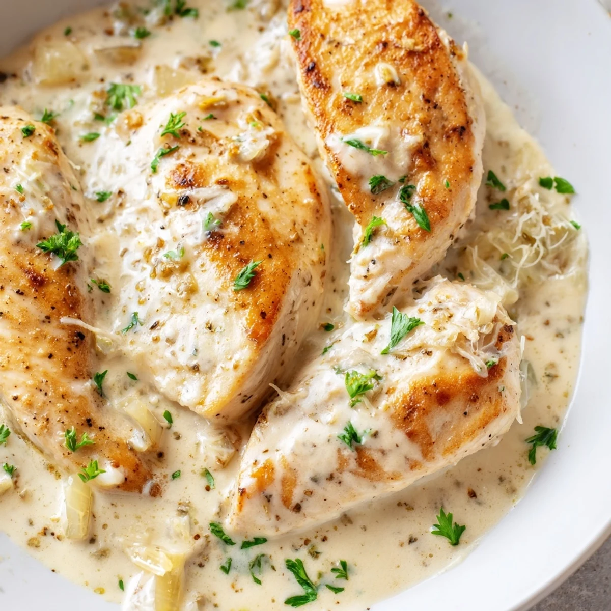 Creamy garlic chicken in golden skillet with rich white Parmesan sauce