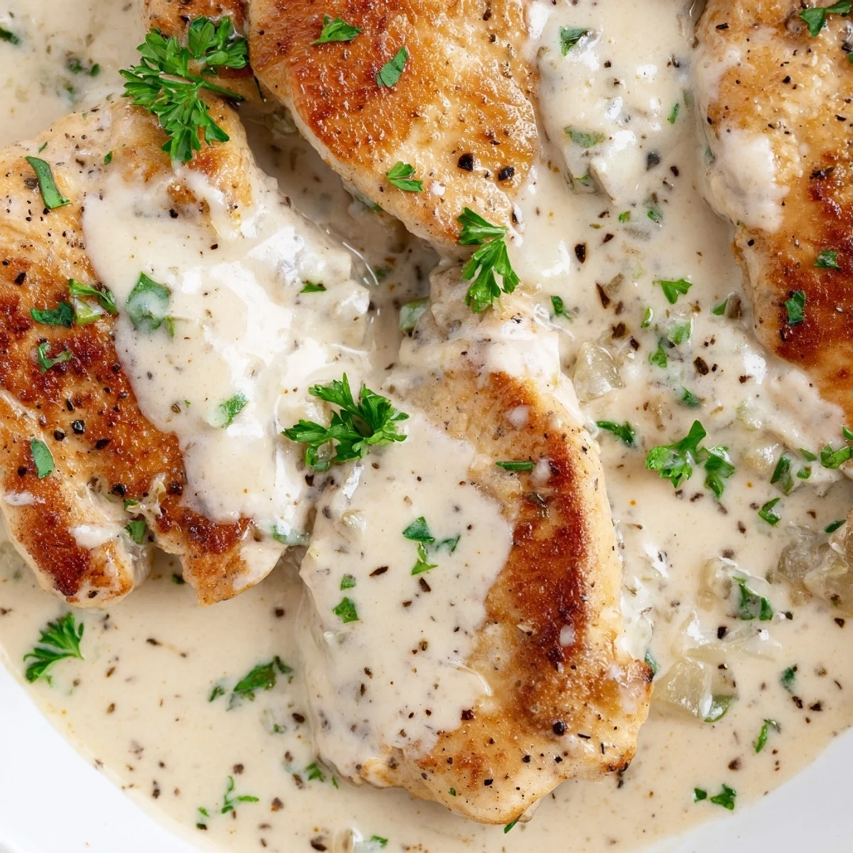 Tender creamy garlic chicken breasts smothered in velvety herb sauce