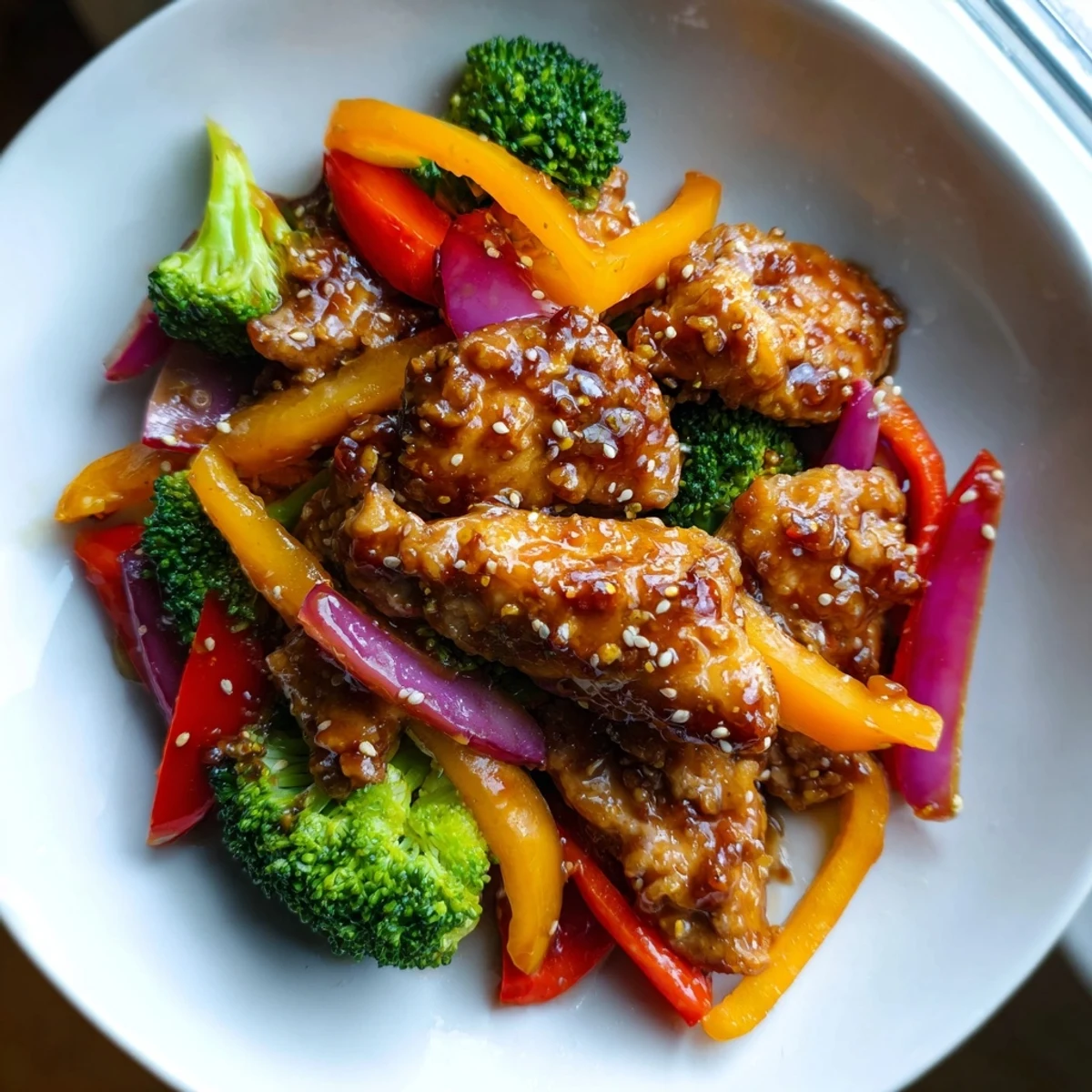Quick flavorful weeknight meal with colorful stir fried vegetables and tender chicken over white rice