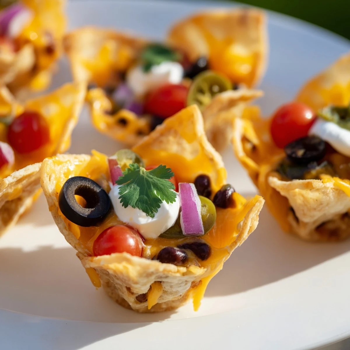 Golden cheesy nacho cups bubbling with melted cheddar and colorful fresh toppings