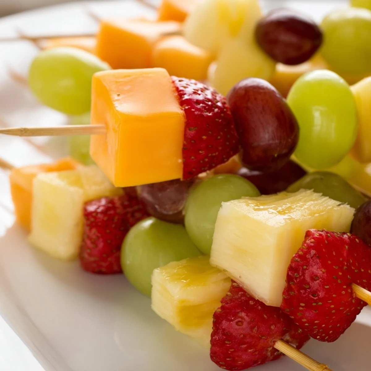 Colorful fruit and cheese kabobs arranged on a platter with grapes, strawberries, pineapple, and cheddar cubes.