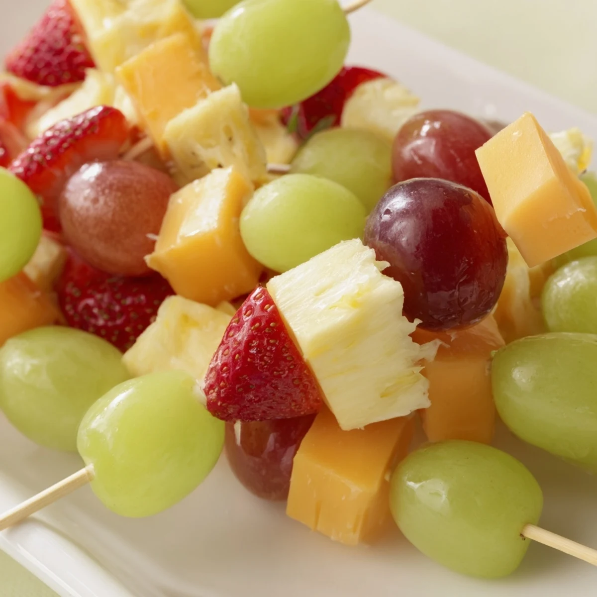 Fresh fruit and cheese kabobs featuring alternating cubes of creamy cheese and ripe, juicy seasonal fruits.